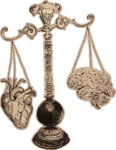 an old fashioned scale with two human heart and brain on it