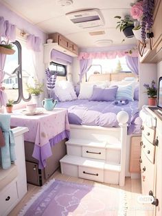 the interior of a camper is decorated in pastel colors and features lavender accents