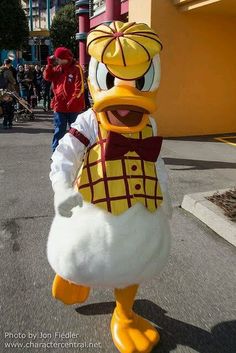 a person dressed as donald duck on the street