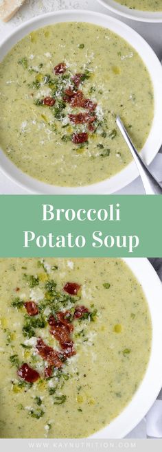 broccoli potato soup in two white bowls