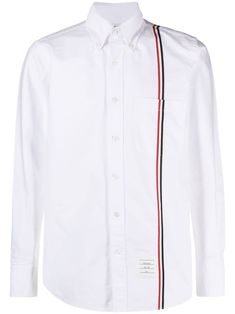 white/red/navy blue cotton grosgrain ribbon trim RWB stripe button-down collar front button fastening chest patch pocket long sleeves buttoned cuffs curved hem Ribbon Trim, Collar Shirt, Poplin Shirt, Button Down Collar, Thom Browne, Grosgrain Ribbon, Collar Shirts, Cotton Shirt, Button Downs