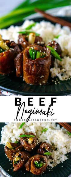 beef and mushrooms served on rice with green beans in the foreground text reads beef negunafi