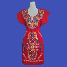 Mexican embroidered dresses | Kimono Traditional Mexican dresses | Authentic Mexican Dress | Floral Embroidered Dress  *Embroidery color may differ 100% Cotton Made in Chiapas, Mexico Perfect loose fit for a casual day Breathable woven fabric Side ties for an adjustable fit, each tie is 19 inches long. We recommend washing on delicate or by hand with cold water, Hang to Dry to better preserve the original color Mexican Dress for Women Floral style Para mujer vestido mexicano Vestido bordado tipicos Boho style Sizes:   Small: Bust 85 cm (33.4") Medium: Bust 90 cm (35.4") Large: Bust 95 cm (37.4") XL= US XL=100CM（Bust~39.4") US 2XL=105CM （Bust ~41.4" ) Embroidery may differ * This Women's summer dress is suitable for many occasion, casual daily wearing, shopping, party, working, beach, weddi Red Dress With Embroidered Border For Summer, Traditional Short Sleeve Dress With Embroidered Border, Red Summer Dress With Resham Embroidery, Embroidered Dress For Festivals With Multicolor Embroidery, Multicolor Embroidered Neckline Dress For Festivals, Multicolor Dress With Embroidered Neckline For Festivals, Festival Dresses With Multicolor Floral Embroidery, Traditional Red Dress With Embroidered Neckline, Multicolor Dresses With Embroidered Border And Short Sleeves