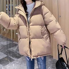 Ingvn winter women's hooded zipper loose down jacket women's solid color regular thick padded jacket new Spring Hooded Duck Down Outerwear, Thick Hooded Puffer Jacket For Winter, Thick Puffer Jacket For Winter, Solid Hooded Duck Down Puffer Jacket, Solid Hooded Duck Down Outerwear, Thick Solid Color Puffer Jacket For Winter, Hooded Duck Down Puffer Jacket, Trendy Hooded Puffer Jacket, Winter Parka With Zipper Closure