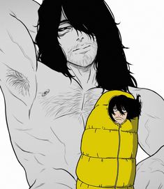 a drawing of a man with long hair and no shirt on holding onto a yellow vest