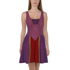 Dress to impress with this sleeveless skater dress! The soft fabric and flared skirt give it an elegant twist that brings out the intricate design with a beautiful vibrancy. * 82% polyester, 18% spandex * Fabric weight: 6.61 oz/yd² (224 g/m²) * Smooth and elastic fabric * Mid-thigh length flared skirt * Elastic waistline * Overlock seams, coverstitch hemline Purple Fantasy Dress For Costume Party, Purple Fantasy Costume Party Dress, Fairycore Corset Dress For Halloween Costume Party, Fantasy Style Purple Dress For Costume Party, Fitted Sleeveless Purple Fairy Dress, Fitted Fairy Dress For Cosplay, Fitted Fairy Dress For Costume Party, Fitted Fairycore Dress For Fantasy Events, Fitted Witchy Dress For Larp