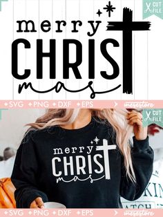 a woman wearing a merry christmas sweatshirt with the words merry christ in white on it