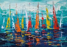 an abstract painting of sailboats in the ocean with blue sky and clouds behind them