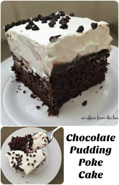 chocolate puddinging poke cake with white frosting and chocolate chips