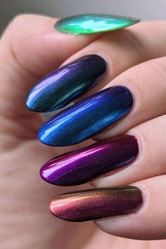 Looking to add some fun and vibrant colors to your nail game? Check out these stunning 32 chrome nail designs! From mesmerizing art to shiny finishes, these trendy styles are sure to make a statement. #nailinspiration #chromenails #nailart Multi Colored Nails Chrome, Multicolored Chrome Nails, Summer 2024 Chrome Nails, Chameleon Chrome Nails Designs, Trippy Chrome Nails, Usa Nails, Art Pdf