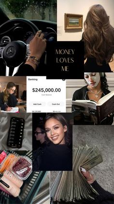 a collage of photos with money, books and other items in it that include an image of a woman driving a car