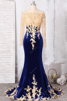 This fabulous African American off-the-shoulder mermaid prom dress features gold lace appliqued bodice with illusion neck. #promdress Blue Velvet Prom Dress, Velvet Mermaid Dress, Long Sleeve Mermaid Prom Dress, Blue And Gold Dress, Grad Dresses Long, Velvet Prom Dress, Royal Blue Wedding, Mermaid Prom Dress, Blue Wedding Dresses