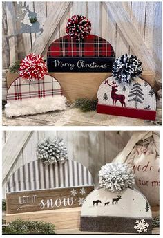 three different christmas decorations on display in front of a wooden wall