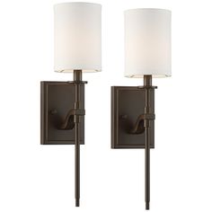 From the Walton collection by Possini Euro Design, these contemporary wall sconce fixtures comes in an oil-rubbed bronze finish frame. An elegant off-white linen cylinder shade is balanced on top. Perfect for hallways, bathrooms, bedrooms, and more. Barndo Interior, Modern Wall Scones, Kitchen Sconces, Tuscan Bathroom, French Family, Bath Lighting, Bronze Sconces, Addition Ideas, Wall Scones