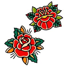 two red roses with green leaves on them are next to each other and one has an arrow