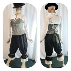 Victorian Steampunk costume  This costume includes  1.) vintage ruffle blouse size XS Sara collection  96 % cotton 4 % spandex (see measurements on photo please) 2.)handmade corset top ,lined, silver metal buttons and boning for support  Laces up at the back and fits XS to M  3.) Handmade bloomers with removable lace ruffle Victorian Steampunk Costume, Handmade Corset, 80s Costume, Victorian Steampunk, Steampunk Costume, Lace Ruffle, Women's Costumes, Crop Blouse, Metal Buttons