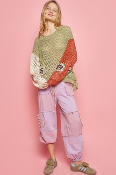 POL Oversized Crochet Sweater in Green Tea Multi Shirts & Tops POL Clothing Oversized Crochet Sweater, Knit Crochet Sweater, Pattern Granny Square, Sweater Color Block, Umgee Clothing, Thml Clothing, Color Block Pattern, Umgee Dress, Umgee Tops