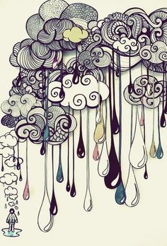 an art piece with many different colors and designs on it, including clouds and rain drops