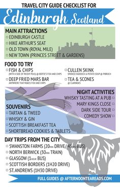 an info sheet with some things to do in edinburgh, scotland on the top and bottom