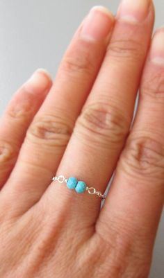 Sterling Silver Genuine Turquoise Chain Ring by PurplePoemCraft Everyday Sterling Silver Turquoise Ring, Simple Sterling Silver Toe Ring, Dainty Adjustable Turquoise Promise Ring, Simple Sterling Silver Jewelry With Birthstone, Dainty Toe Ring Jewelry With Simple Design, Minimalist Turquoise Jewelry For Anniversary, Turquoise Minimalist Jewelry For Anniversary, Turquoise Stackable Dainty Jewelry, Dainty Silver Turquoise Ring Gift