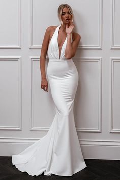 Elegant Mermaid Deep V Neck Elastic Satin Long Wedding Dress AB4060802 White V-neck Wedding Dress With Sweep Train, Fitted V-neck Wedding Dress For Banquet, Backless Wedding Dress With Sweep Train, White Fitted Backless Wedding Dress, White Backless Gown With Sweep Train, Backless Mermaid Wedding Dress With Sweep Train, Fitted Backless Wedding Dress With Sweep Train, Backless Fitted Wedding Dress With Sweep Train, Backless Mermaid Wedding Dress With Fitted Bodice