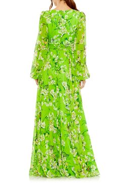 Bring the garden to the party in a glorious gown painted in a verdant hue and cut from frothy chiffon. 61" length Hidden back-zip closure Deep surplice V-neck Long sleeves Lined 100% polyester Spot clean Imported Asian Owned/Founded Spring Green Evening Dress For Wedding, Spring Green Wedding Evening Dress, Green Spring Wedding Evening Dress, Green Dresses For Spring Gala, Green Spring Gala Dress, Green Gown For Spring Garden Party, Spring Silk Chiffon Maxi Evening Dress, Spring Silk Chiffon Evening Dress For Gala, Green Fitted Chiffon Gown