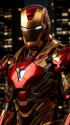 iron man standing in front of a city at night