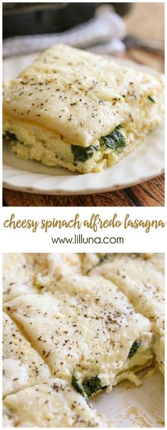 there are two plates with different types of food on the same plate, and one has spinach alfredo lasagna