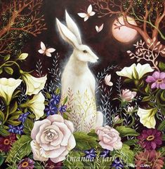 a painting of a white rabbit surrounded by flowers