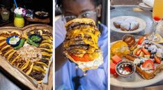 there are pictures of food and drinks on the table in this collage, including burgers, french fries, macaroni and cheese