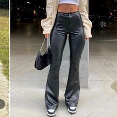 Nwt Fashion Nova Black Highwaisted Faux Leather Pant High Rise Stretch Fabric Size: Small Waist 26” Inseam: 33” Flare Leather Pants Outfit, High Waisted Leather Pants, Flare Outfit, Leather Flare Pants, Flair Pants, Skort Romper, 70 Fashion, Leather Pants Outfit, Black And White Nikes