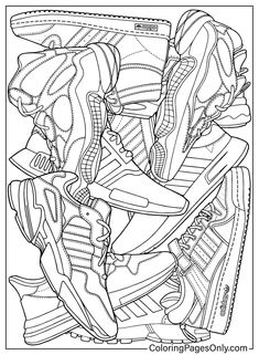 a coloring page with sneakers on top of each other