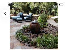 an image of a garden with rocks and plants in it's center, surrounded by lounge chairs