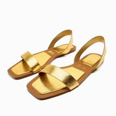 Genuine Zara New With Tag Material: Leather Upper Color: Gold Simple Yet So Glamorous & Chic. Leather Top & Heel Straps. Flat Footbed With Cushion Padding. Gold Is Neutral & So Flattering. Euro Size 37(6.5), 38(7.5), 41(10) Chic Gold Flat Slingback Sandals, Gold Leather Slingback Sandals For Spring, Chic Gold Slingback Sandals With Flat Heel, Chic Gold Slingback Sandals For Spring, Gold Slingback Sandals With Ankle Strap For Summer, Gold Flat Slingback Sandals For Spring, Gold Leather Slingback Sandals For Summer, Gold Flat Leather Slingback Sandals, Gold Flat Heel Slingback Sandals For Summer