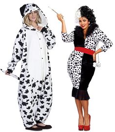 two women dressed in costumes one is wearing a dalmatian costume and the other wears a cow suit