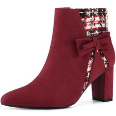 These plaid bow boots with solid chunky heels, and side zips for fastening, are fashionable and trendy. They can go well with any outfit. It will be great to pair them with jeans, trousers, dresses, shorts, or denim. A good option for weddings, parties, cocktails, Christmas Day, sweet dates, shopping, festivals, banquets, office outfits, casual wear, and daily outfits. Please note that color may vary slightly according to monitor settings. Office Outfits Casual, Cocktails Christmas, Plaid Heels, Burgundy Boots Ankle, Houndstooth Fabric, Bow Boots, Womens Chunky Heels, Block Heel Ankle Boots, Plaid Bow