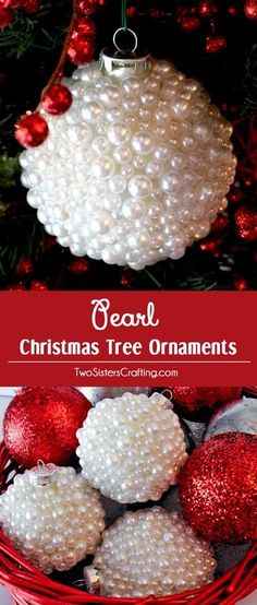 christmas tree ornaments in a basket with text overlay