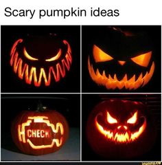 four pumpkins with scary faces and words carved into them, all in different styles