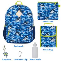 The Ocean Blue Camo Shark Backpack Set for Boys is a complete back-to-school package that includes everything kids need to start their academic year on the right foot. The set comprises a 16-inch backpack with a camo shark print, a foldable lunchbox, a BPA-free water bottle, a carabiner clip, a large pencil pouch, and a shark key chain. The backpack is designed to fit the needs of elementary and middle school students, with a roomy main compartment that can accommodate folders, binders, and note Durable Blue School Backpack, Blue Backpack For School Events, Educational Blue Backpack For Everyday Use, Shark Backpack, Boys 16, Square Backpack, School Supplies Organization, Keeping Kids Safe, Backpack Set