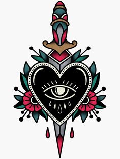 an all seeing heart tattoo design with roses and hearts on the front, eye in the middle