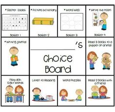 the choice board for students to use in their writing and reading skills, with pictures on it