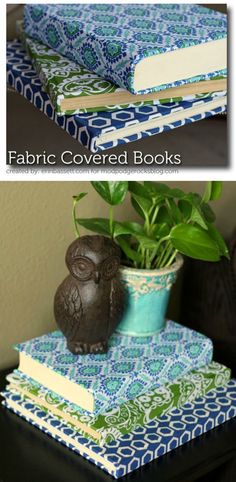 a potted plant sitting on top of a stack of books next to an owl figurine