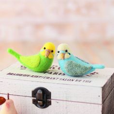 two small birds sitting on top of a box