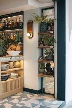 the shelves are filled with plants and dishes