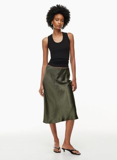 Satin Midi Skirt Dress, Midi Skirt Lulus, Satin Midi Skirt Ankle Boots, Midi Skirt Pumps, Midi Silk Skirt Green, Midi Skirt Minimal, Olive Green Slip Skirt, Knit And Slip Skirt, Satin Midi Skirt Shoes