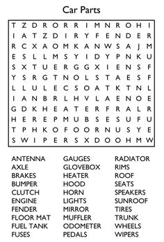 the car parts word search is shown in black and white