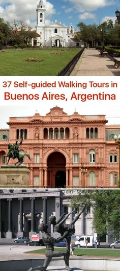 the front and back cover of an old building with statues in front, and text that reads 37 self - guided walking tours in buenos, argentina