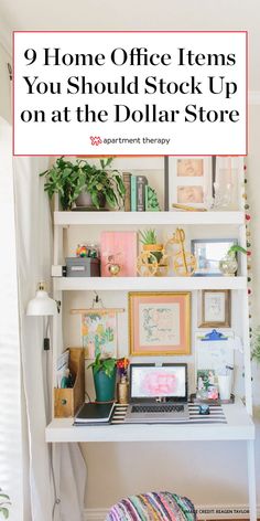 a white desk with books and pictures on it, the title reads 9 home office items you should stock up on at the dollar store