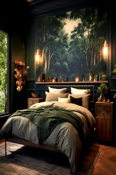 Bedroom with dark green walls, forest mural, candle-lit ambiance, and cozy bedding. Dark Cozy Bedroom, Casa Hobbit, Bedroom Ideas Romantic, Feminine Bedroom, Moody Bedroom, Bedroom Curtain, Dark Bedroom, Classy Bedroom, Dark Home Decor