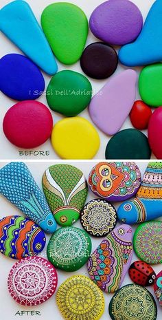 some colorful rocks with different designs on them